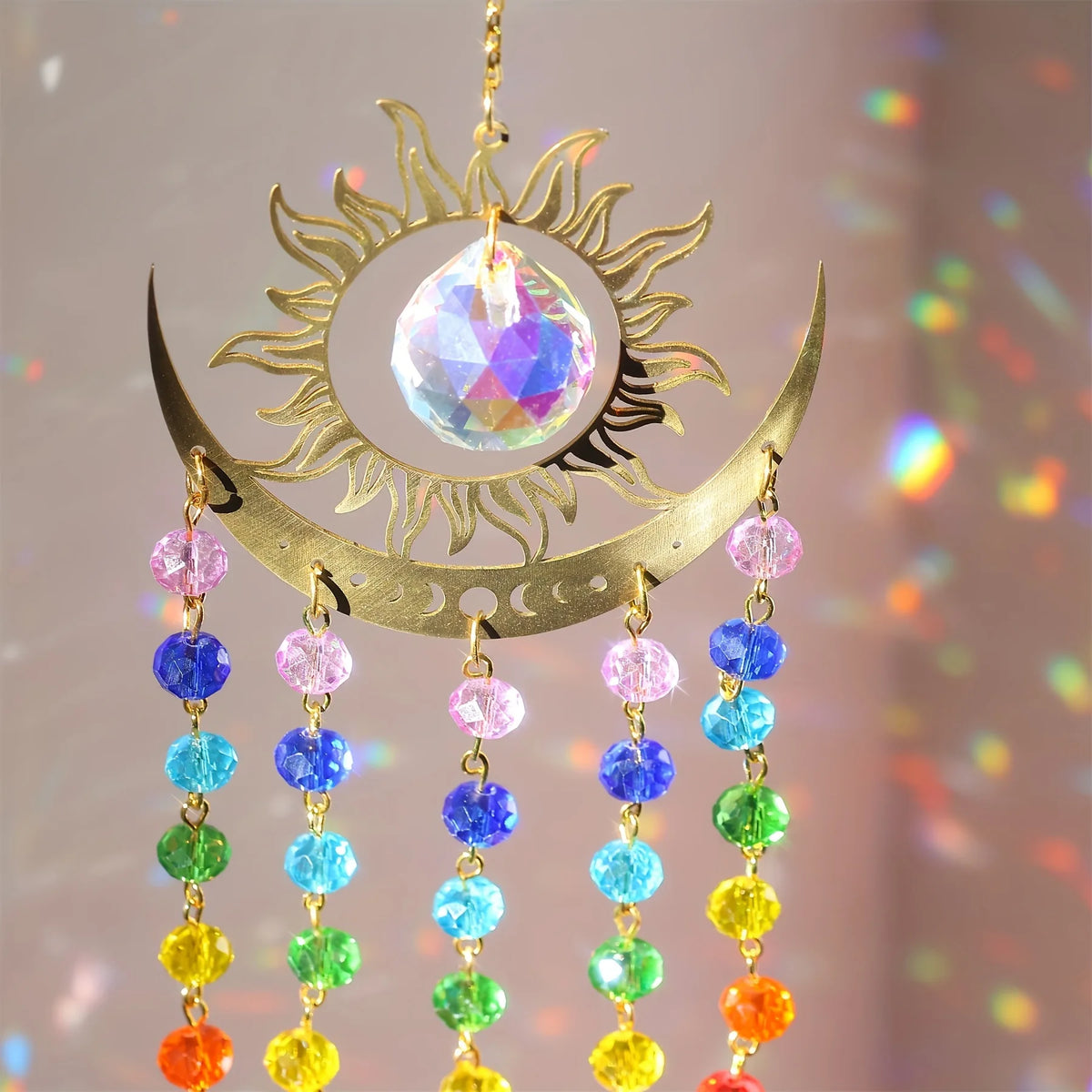 Rainbow Sun & Moon Suncatcher – Crystal Prism Hanging Ornament