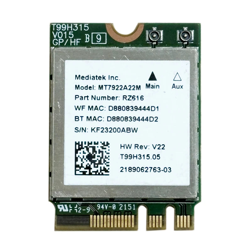 WiFi 6E MT7922 Tri-Band 2400Mbps M.2 NGFF Card + Bluetooth 5.2