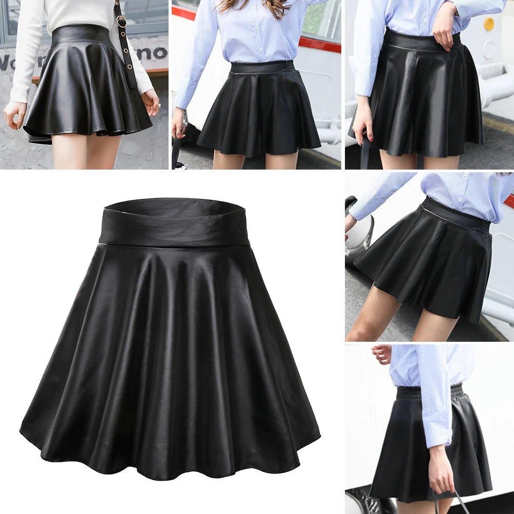 Women's Faux Leather Mini Skirt – High Waist Pleated Skater