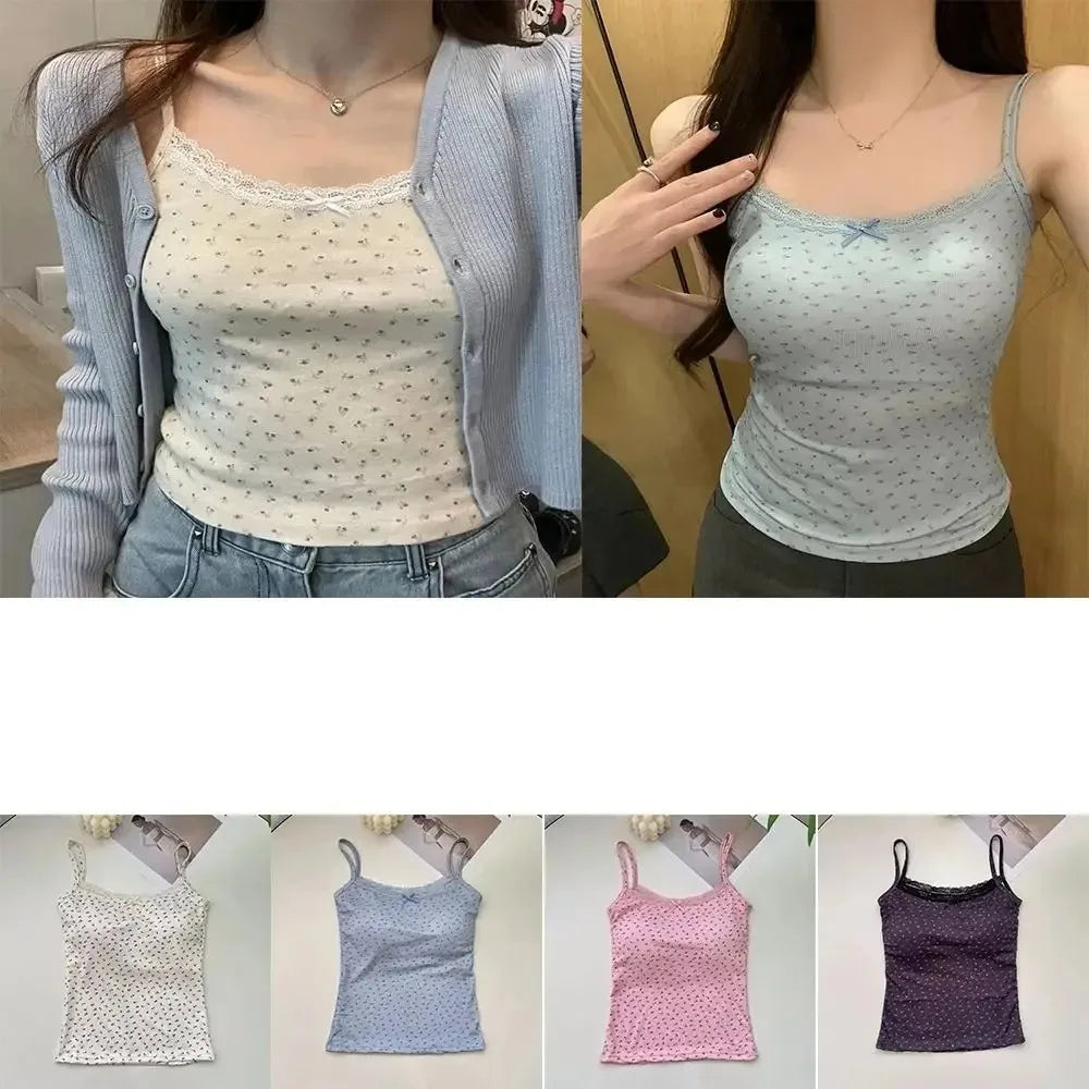 Elegant Lace Floral Cami Top | Y2K Slim Fit Tank – One Size