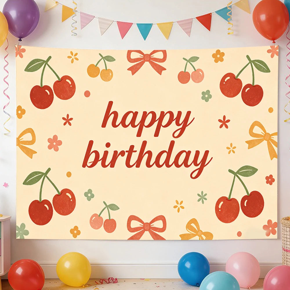 Happy Birthday Cherry Print Tapestry – Party Wall Hanging