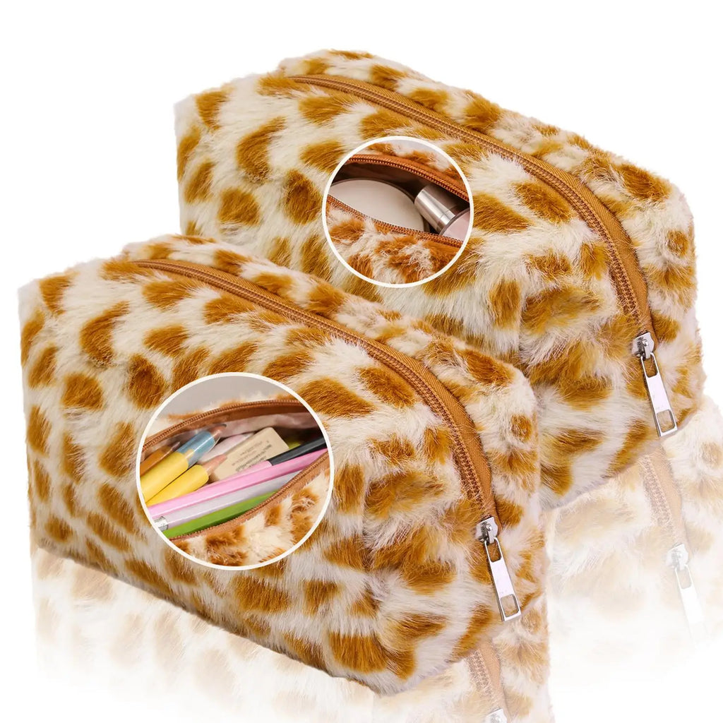 Large Capacity Plush Leopard Pencil Case & Cosmetic Pouch