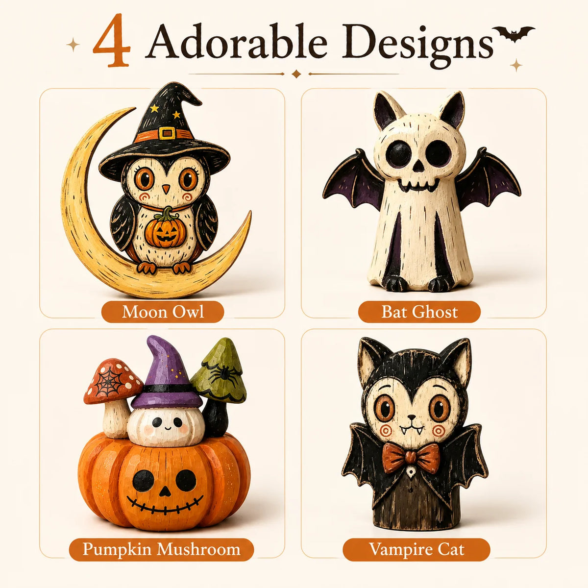 Halloween Wooden Figurines – Owl Ghost Pumpkin & Vampire Cat