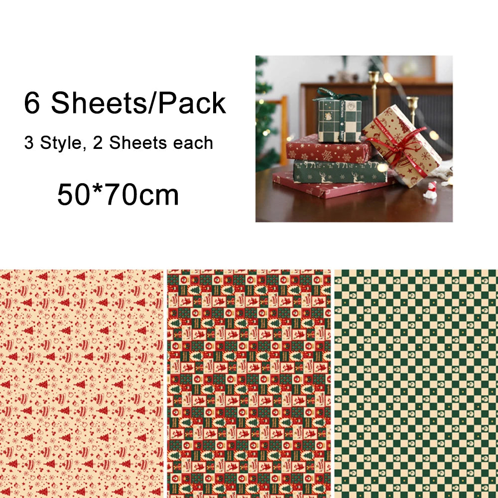 6-Sheet Christmas Kraft Wrapping Paper – Elk, Santa & Snowman