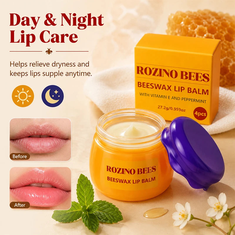 ROZINO 4-Piece Honey Pot Lip Balm Set – Beeswax & Vitamin E