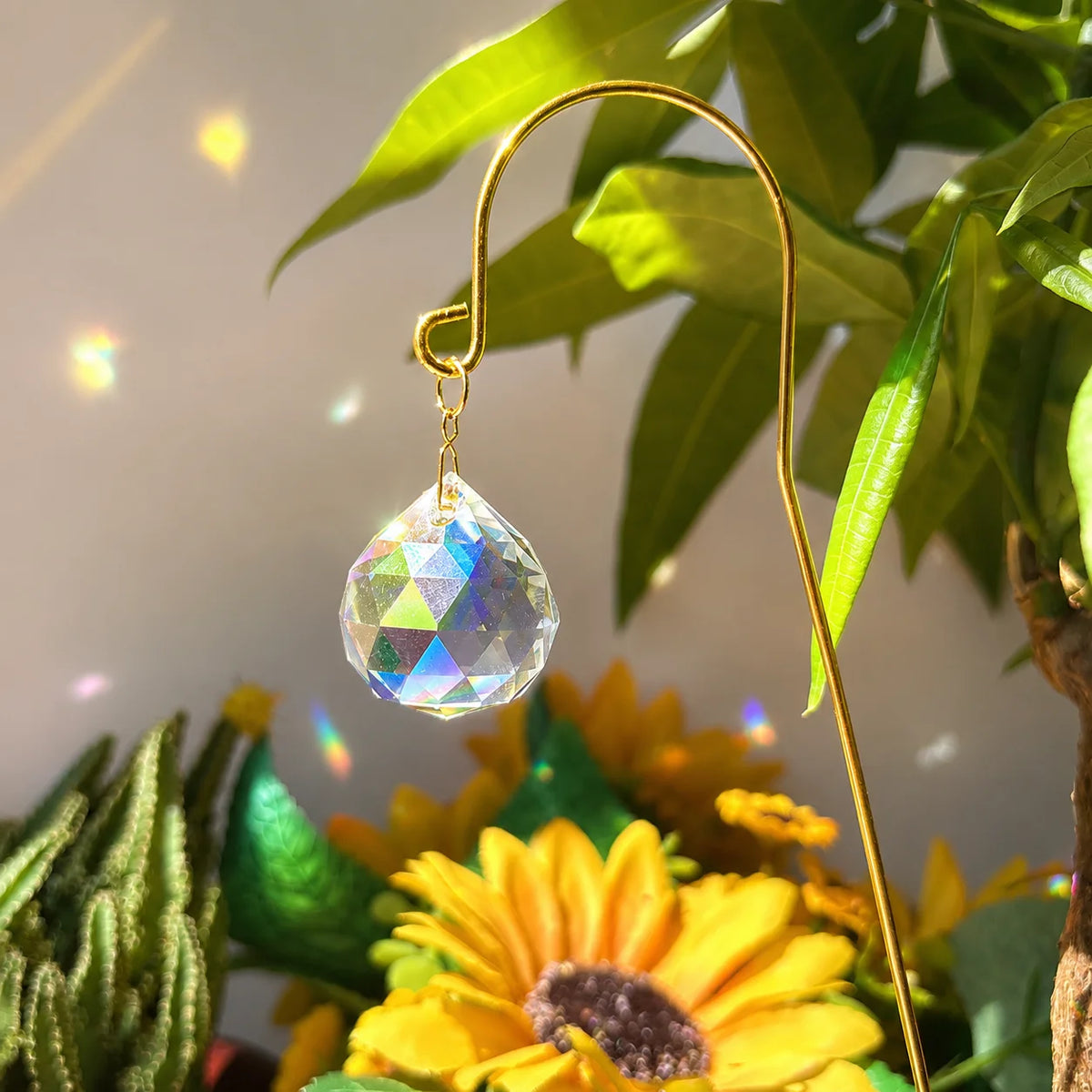 Crystal Suncatcher Plant Stakes with Gold Hooks & Prisms – 2 Pack