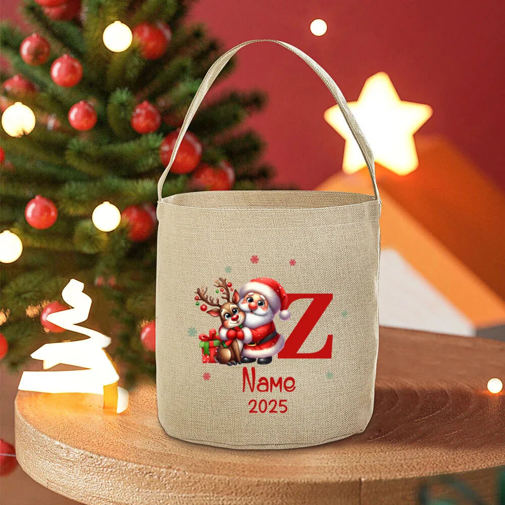 Personalized Christmas Santa Linen Gift Bag with Name