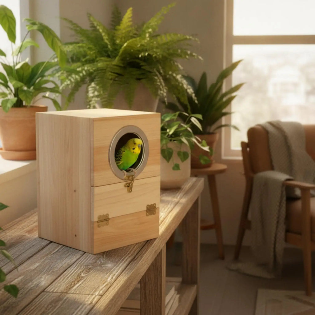 Natural Wood Bird Nesting Box with Perch & Lid – Unfinished