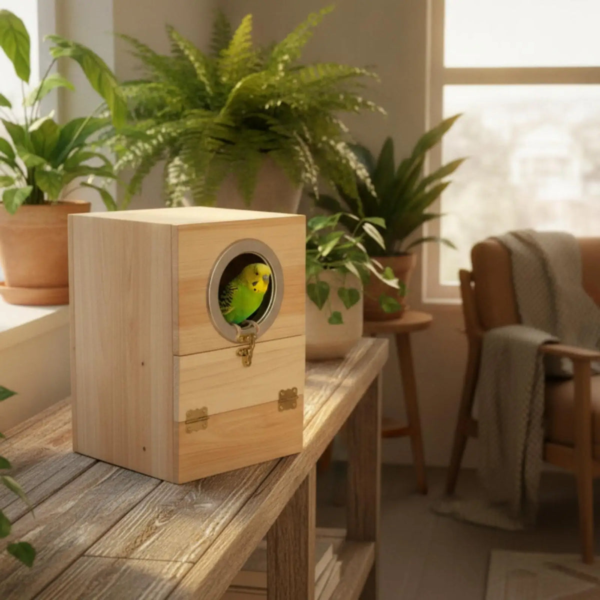 Natural Wood Bird Nesting Box with Perch & Lid – Unfinished