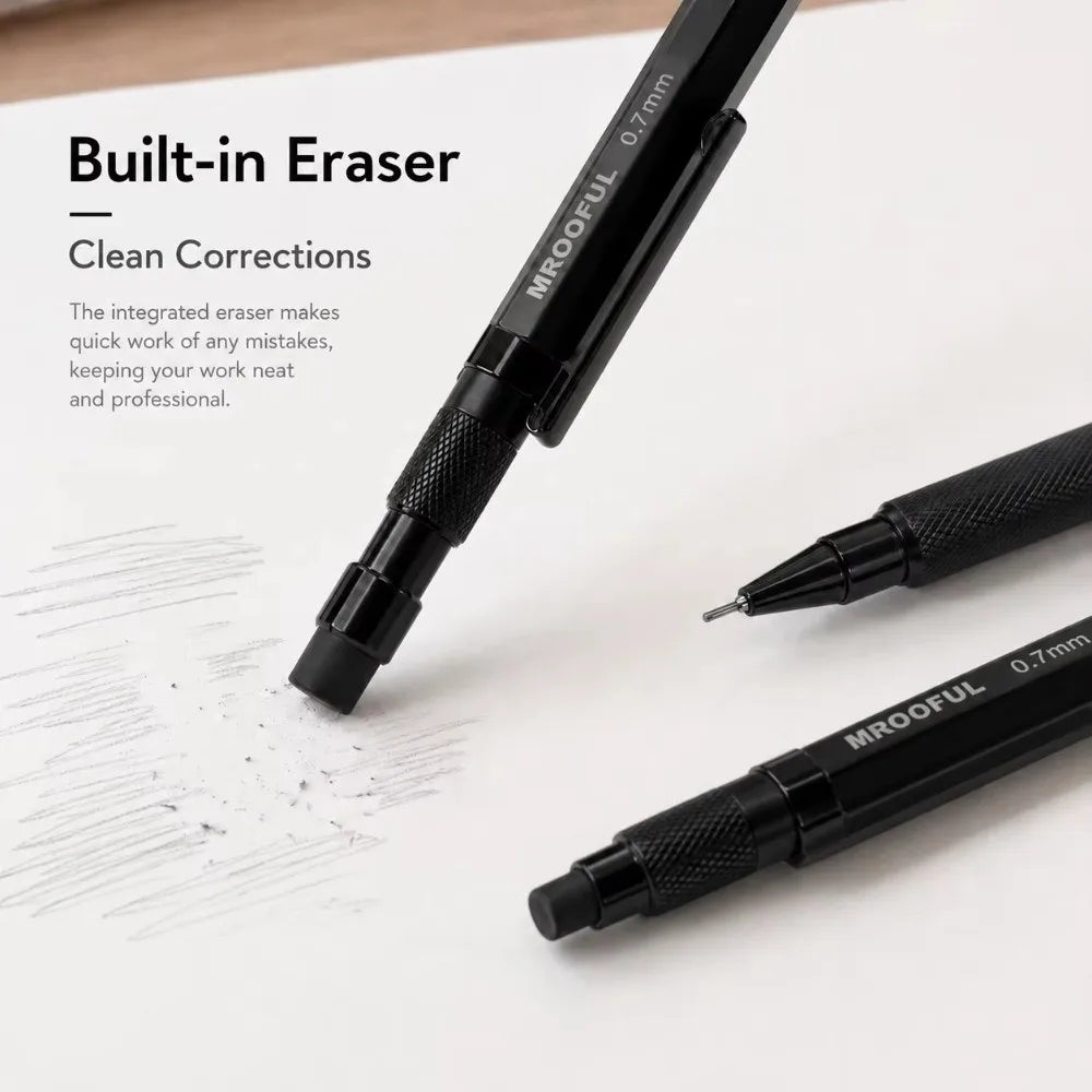 Metal Mechanical Pencil 0.5–1.3mm | Low Gravity, Built-in Eraser