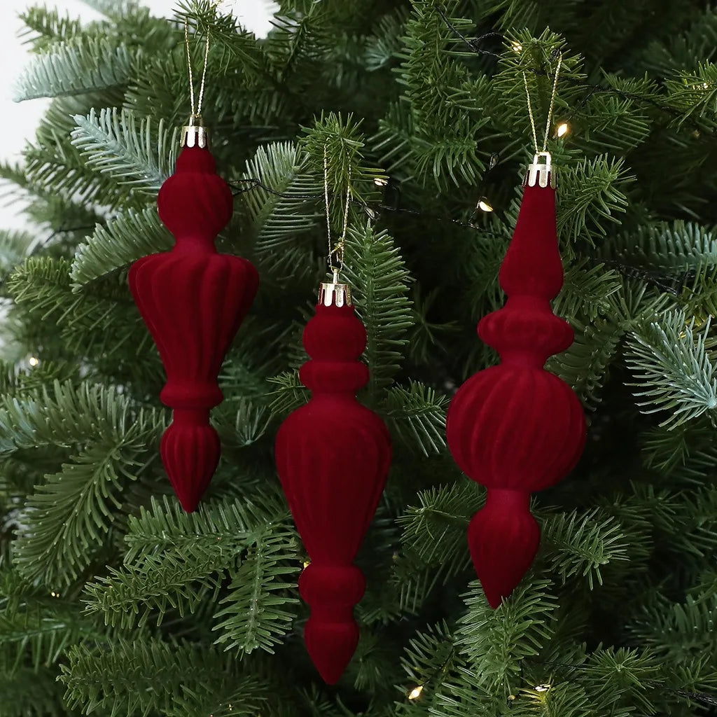 Flocked Irregular Christmas Ornaments – 6-Piece Burgundy Set