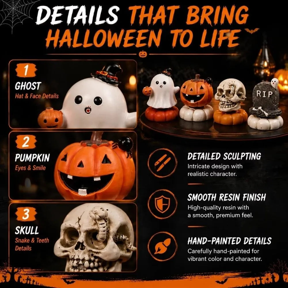 Resin Halloween Ghost Figurine | Mini Pumpkin & Skull Decor