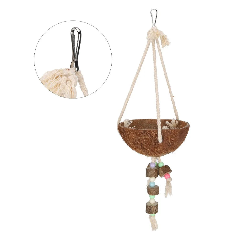 Coconut Shell Parrot Swing Nest – Hanging Rope & Metal Buckle