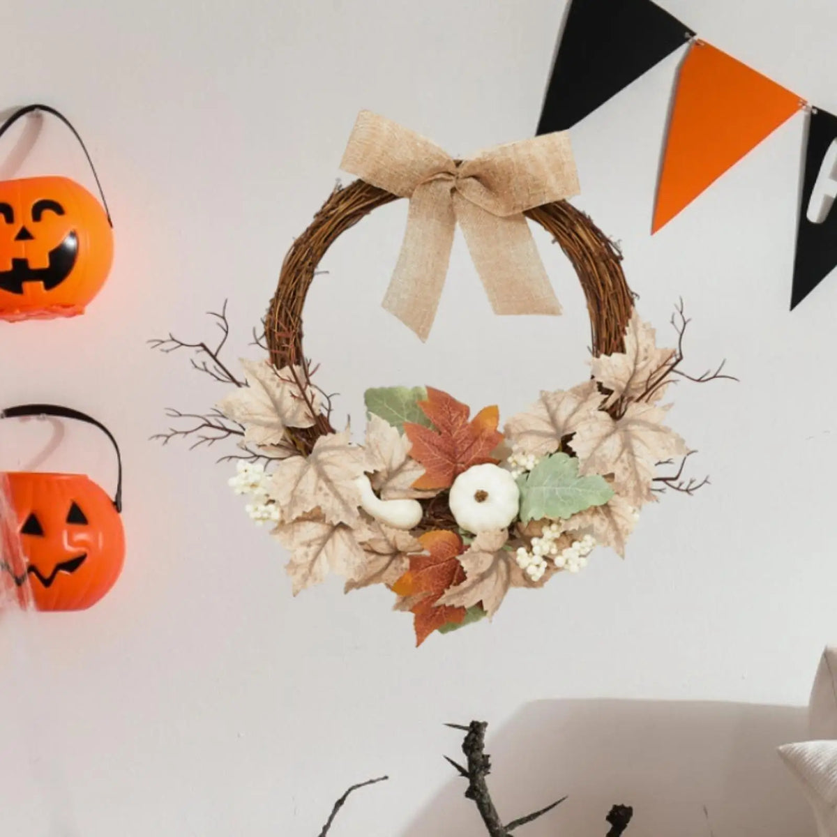 Artificial Fall Wreath – Pumpkin & Maple Leaves Farmhouse Decor