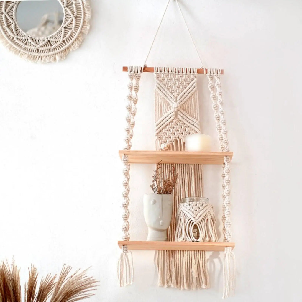 Macrame Wall Shelf – Boho Cotton Rope & Wood Shelves Décor
