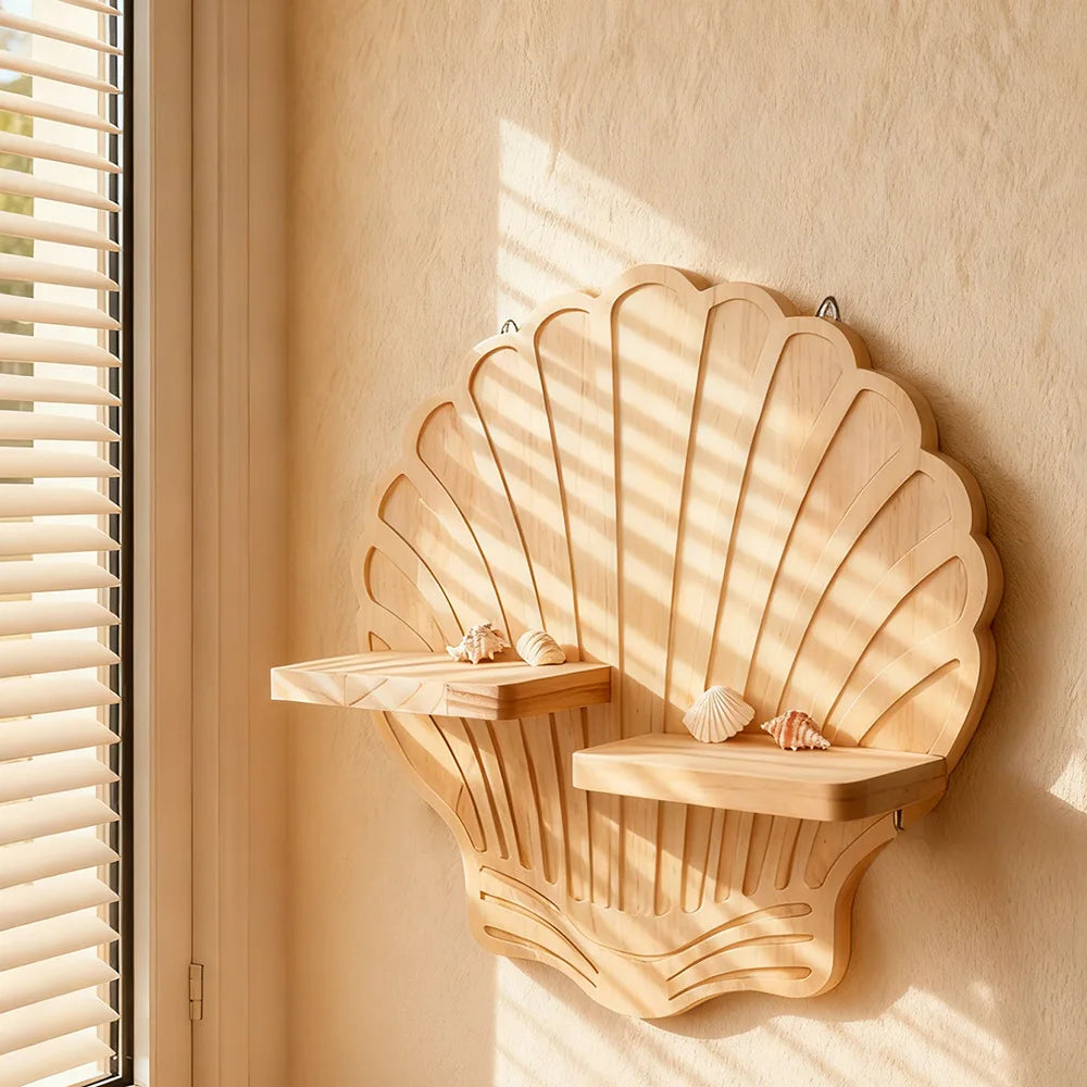 Bohemian Shell Pine Wood Wall Flower Pot Rack | Boho Décor