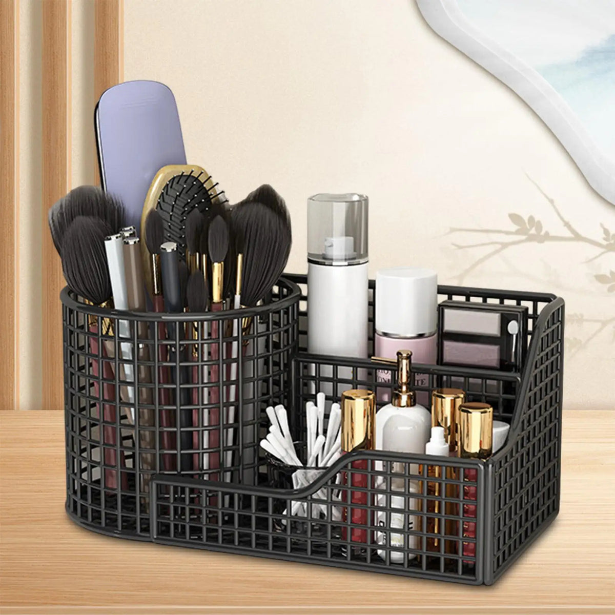 Metal Makeup Brush Holder – 3-Compartment Vanity Organizer