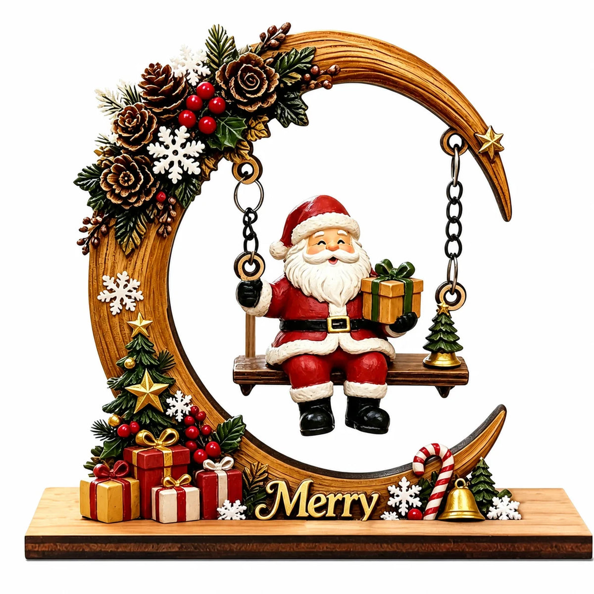 Wooden Santa Crescent Swing Christmas Tabletop Ornament