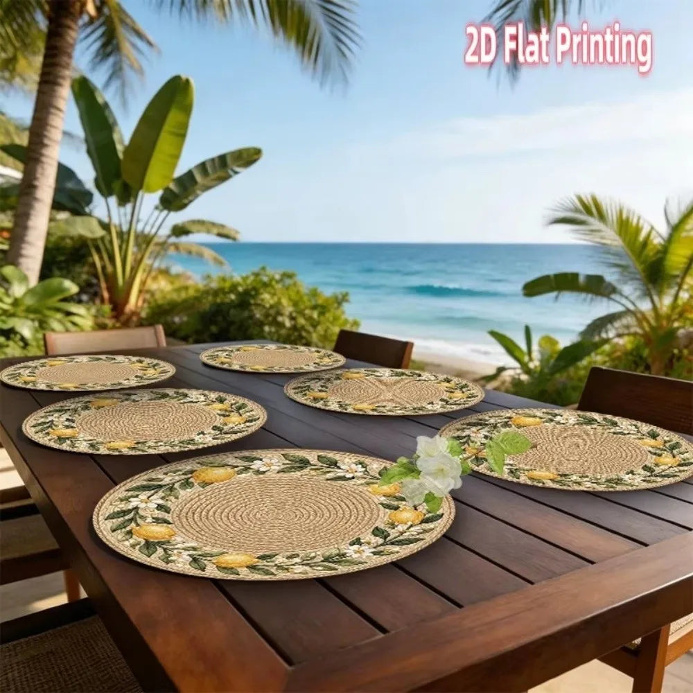 Round Flower Print Wipeable Placemat – 15in Rattan Style