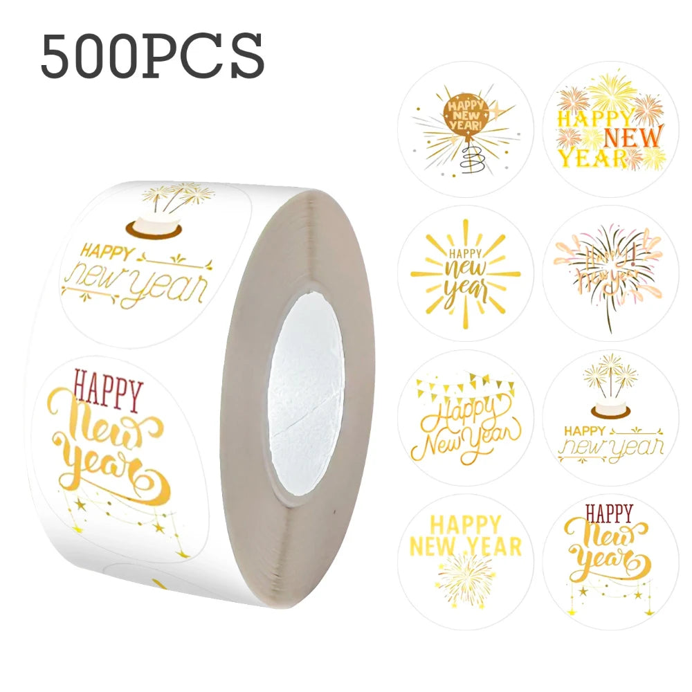 500-Pack Gold Foil Happy New Year Stickers | Gift Packaging
