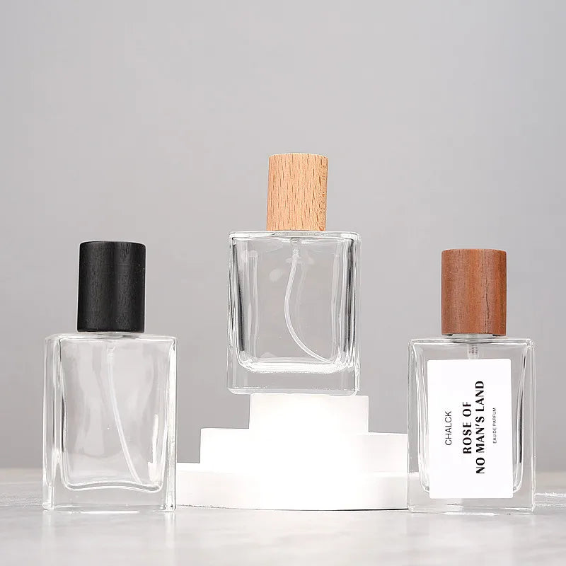 30ml Refillable Square Glass Perfume Spray Bottle Wooden Cap