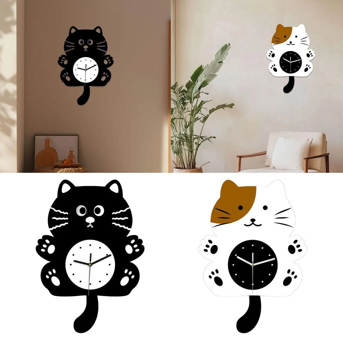 Cat Shaped Silent Wall Clock – Swinging Tail Kids Room Decor