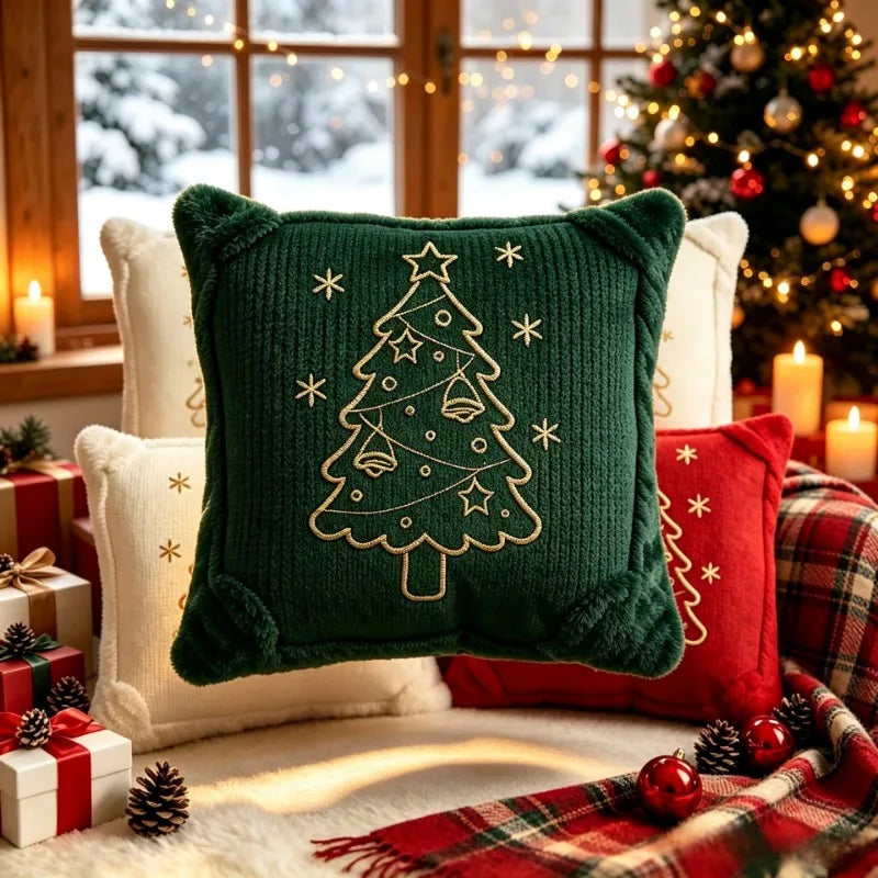 Christmas Corduroy Cushion Cover Gold Embroidery Xmas Tree
