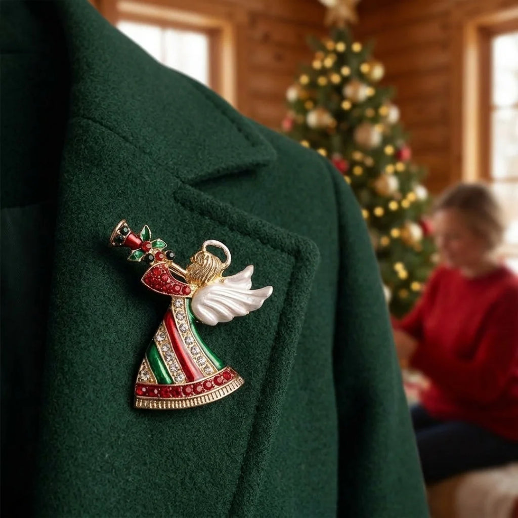 Angel Horn Rhinestone Christmas Brooch – Red & Green Holiday Pin