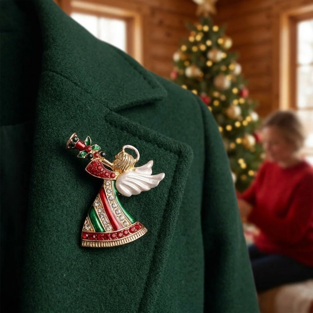Angel Horn Rhinestone Christmas Brooch – Red & Green Holiday Pin