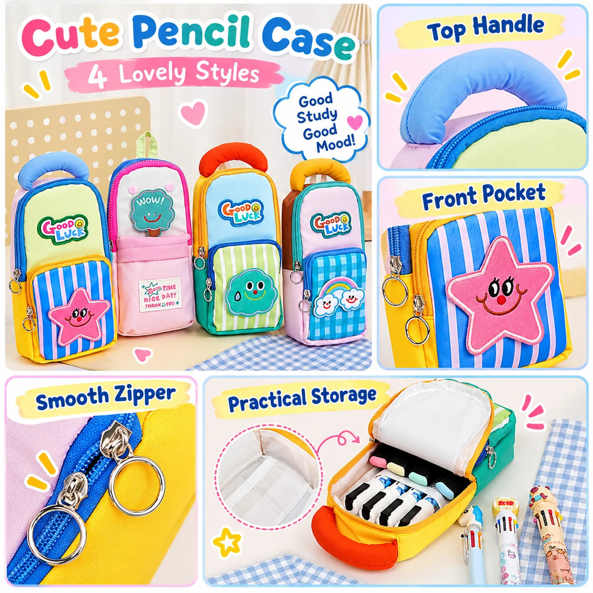 Cute Star Backpack Pencil Case – Large Capacity Kids Pouch