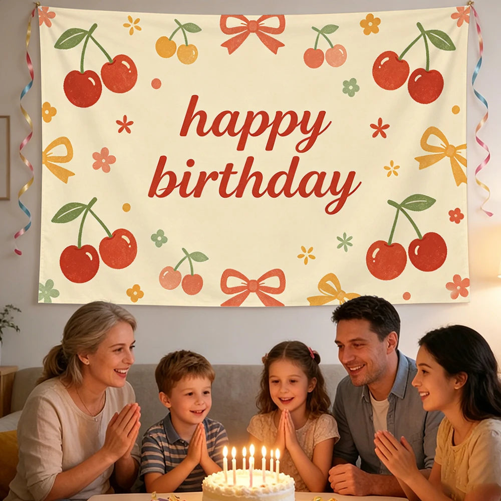 Happy Birthday Cherry Print Tapestry – Party Wall Hanging