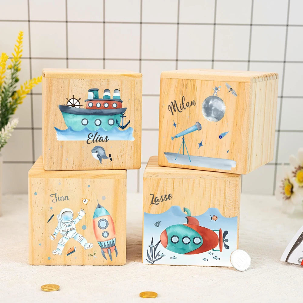 Personalized Wooden Piggy Bank – Astronaut & Ocean Theme