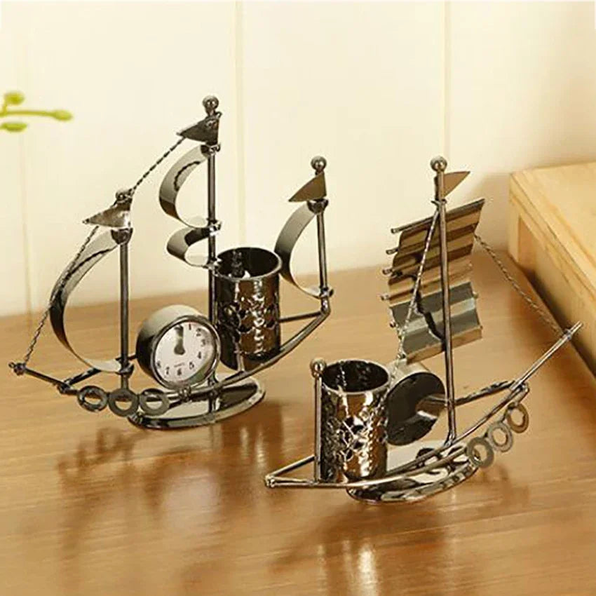 Sailboat Metal Pen Holder with Clock – Creative Desk Organizer