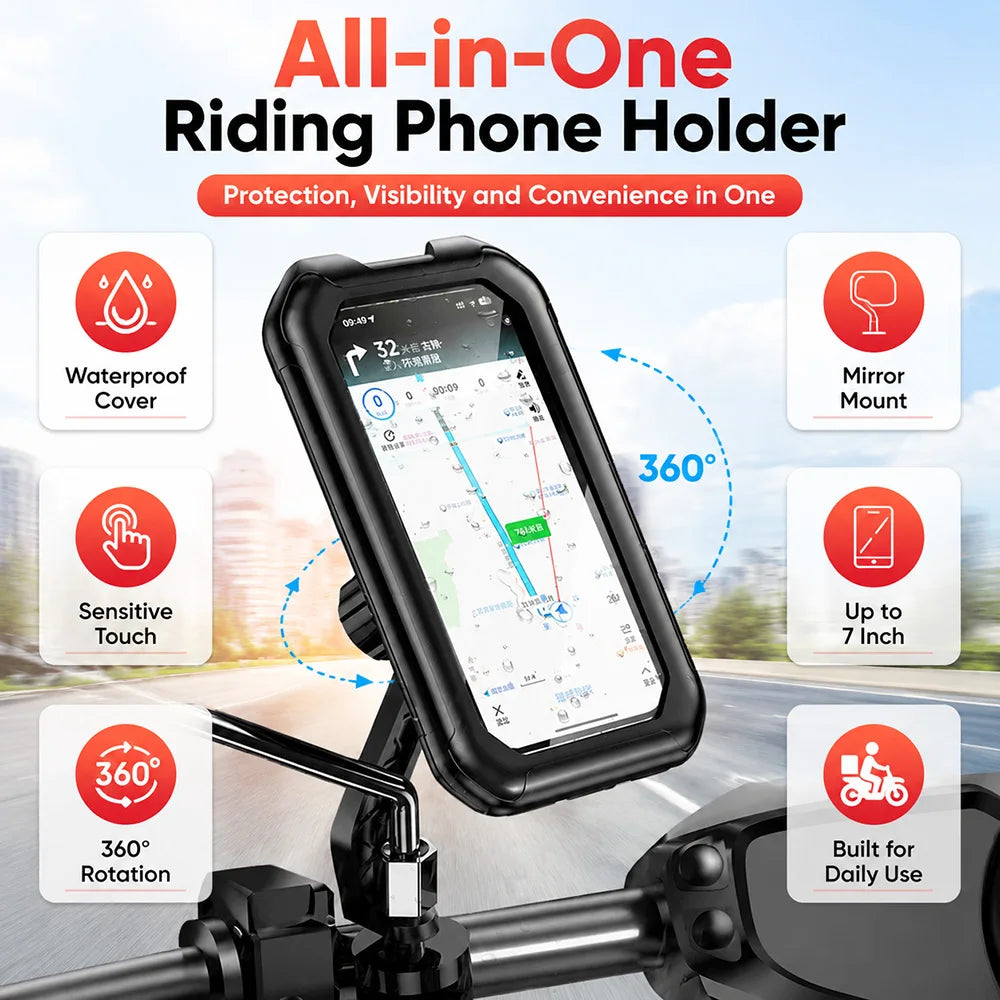 Waterproof Motorcycle Phone Mount 360° Rotatable | Up to 7"