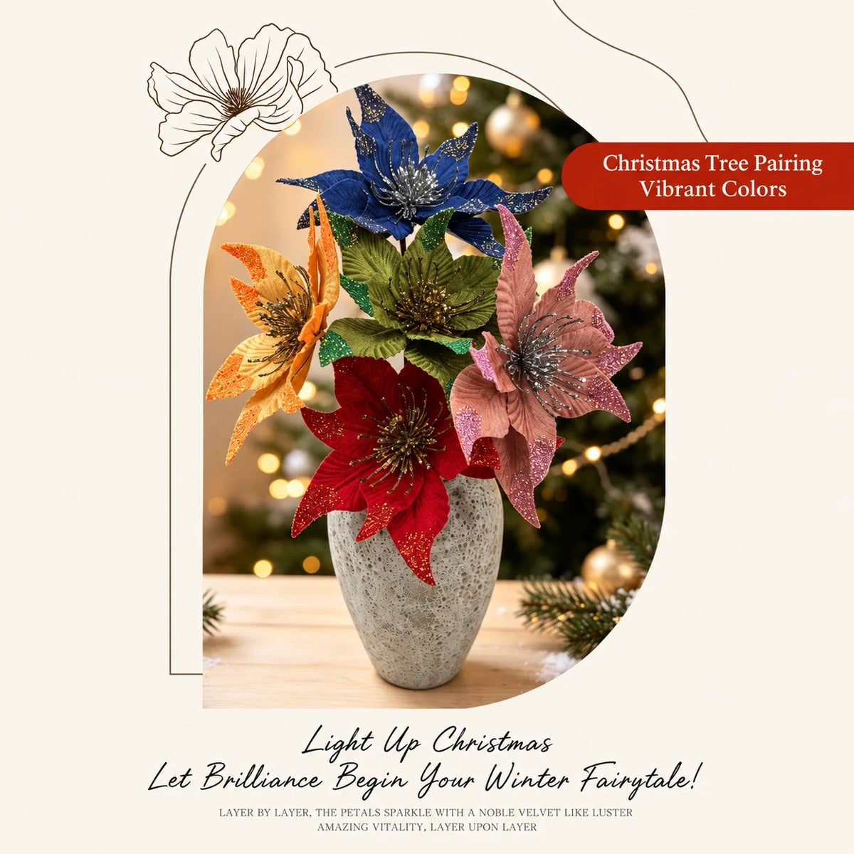 Velvet Flocked Glitter Artificial Christmas Flower Stem