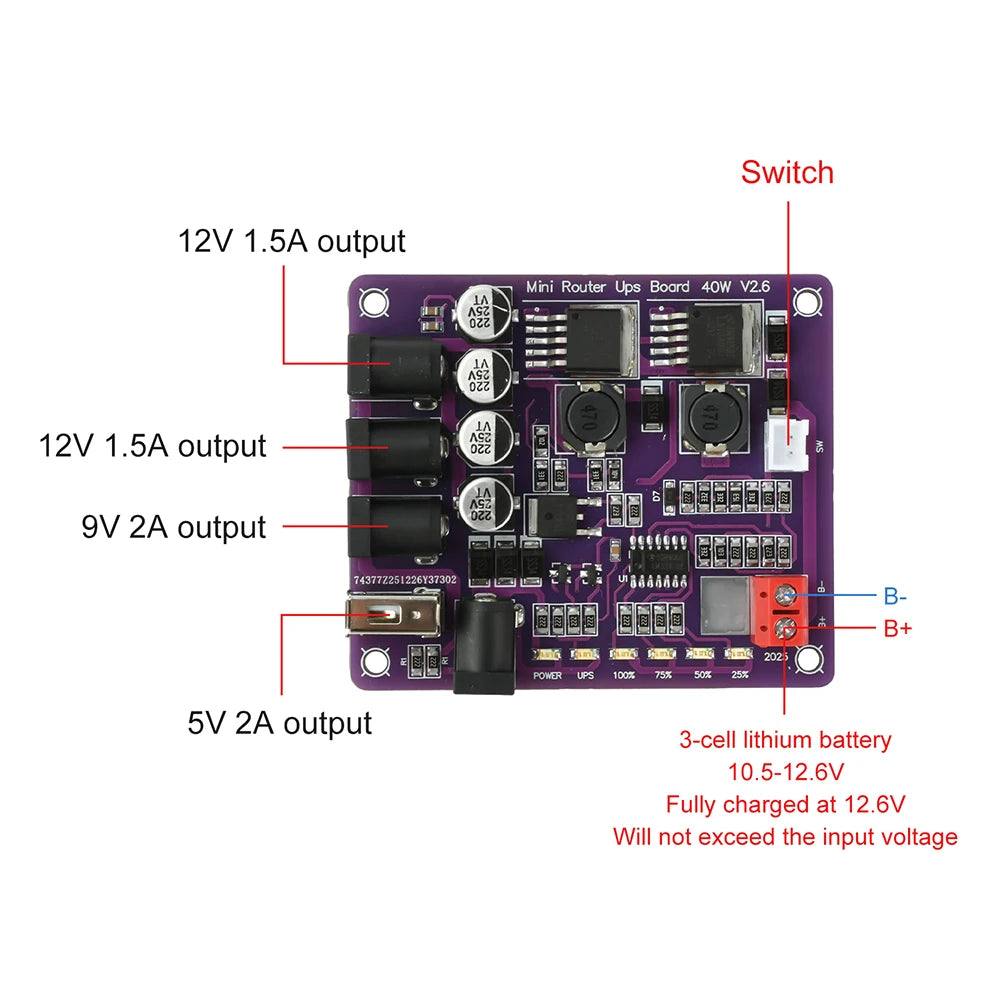 40W 4-Port Router UPS Board – 11.1V LiPo Power Module
