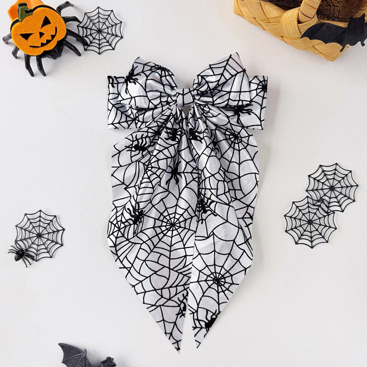 Halloween Satin Bow Hair Clip – Spider Web Pumpkin Barrette