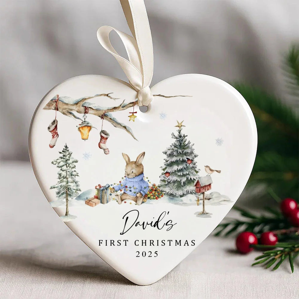 Personalized Bunny Baby's First Christmas Ceramic Ornament