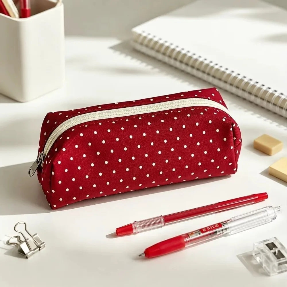 Polka Dot Canvas Pencil Case – Large Capacity Zipper Pouch