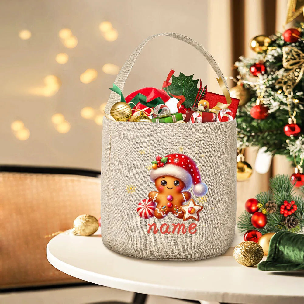 Personalized Christmas Gingerbread Man Linen Gift Bag