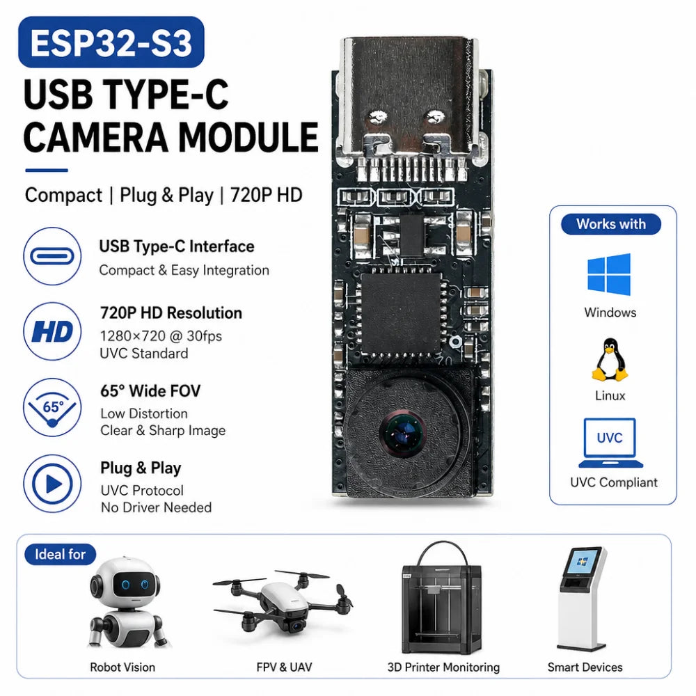 Gaqqee USB-C Camera Module ESP32-S3 | 720P 1MP 65° Wide-Angle