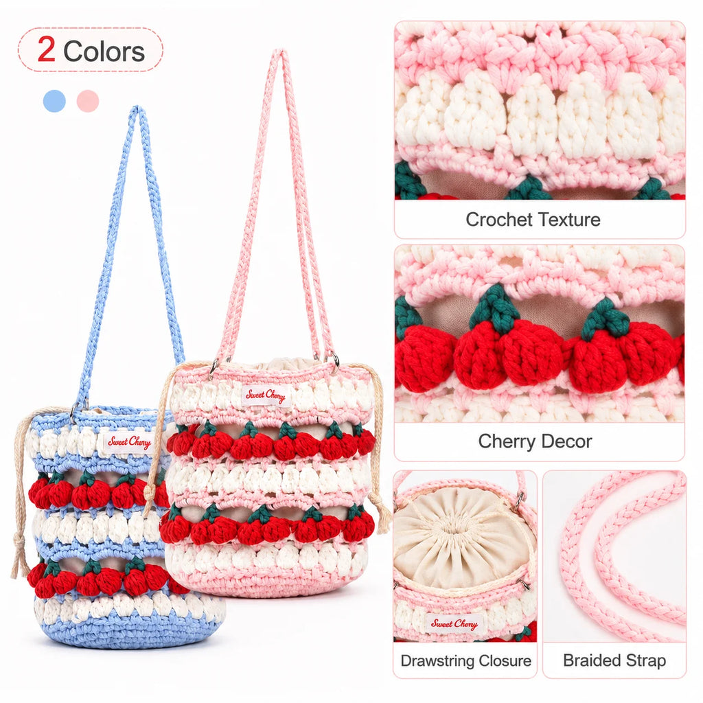 Cherry Crochet Bucket Bag – Hand Woven Women's Shoulder Bag