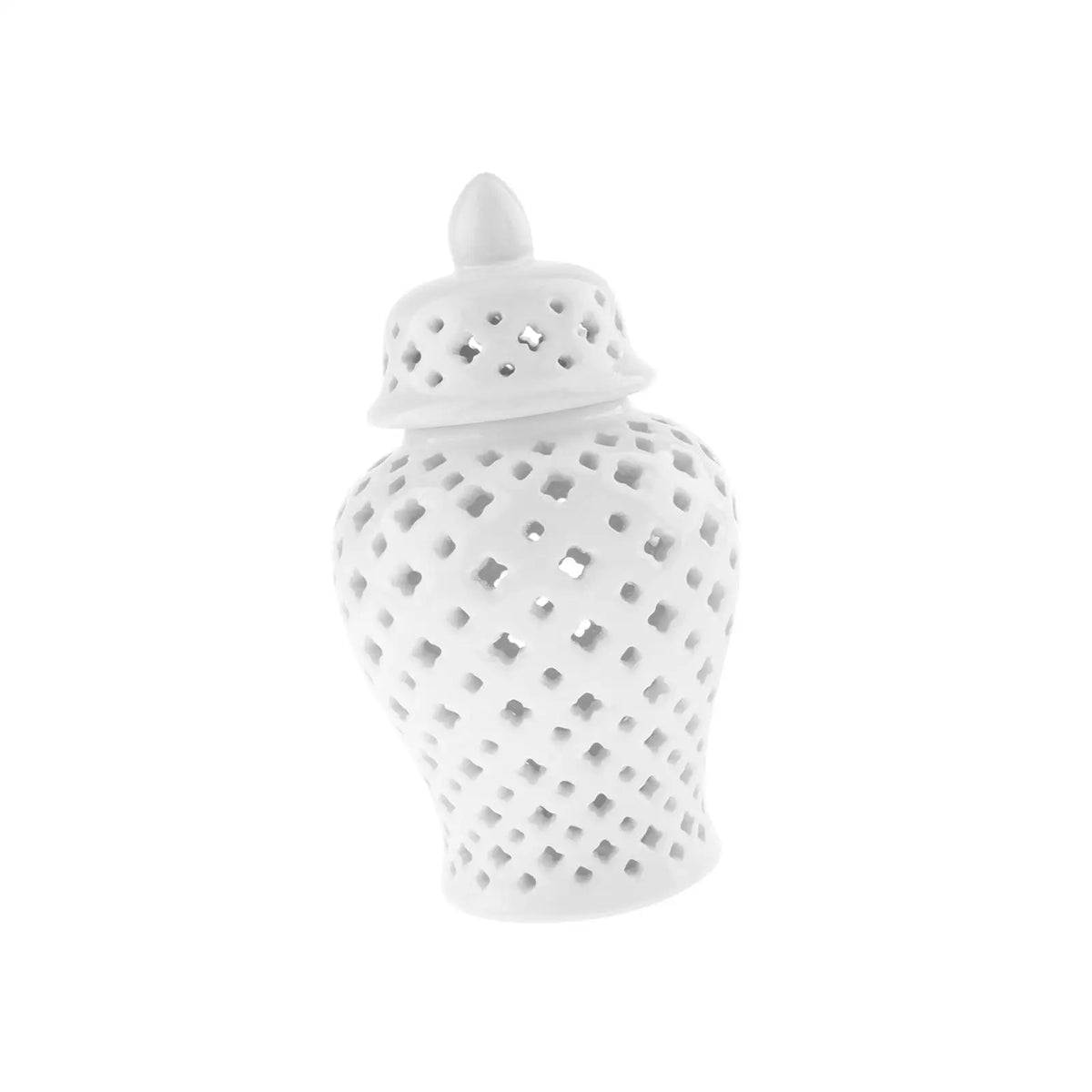 White Porcelain Ginger Jar – Pierced Lattice Ceramic Vase with Lid
