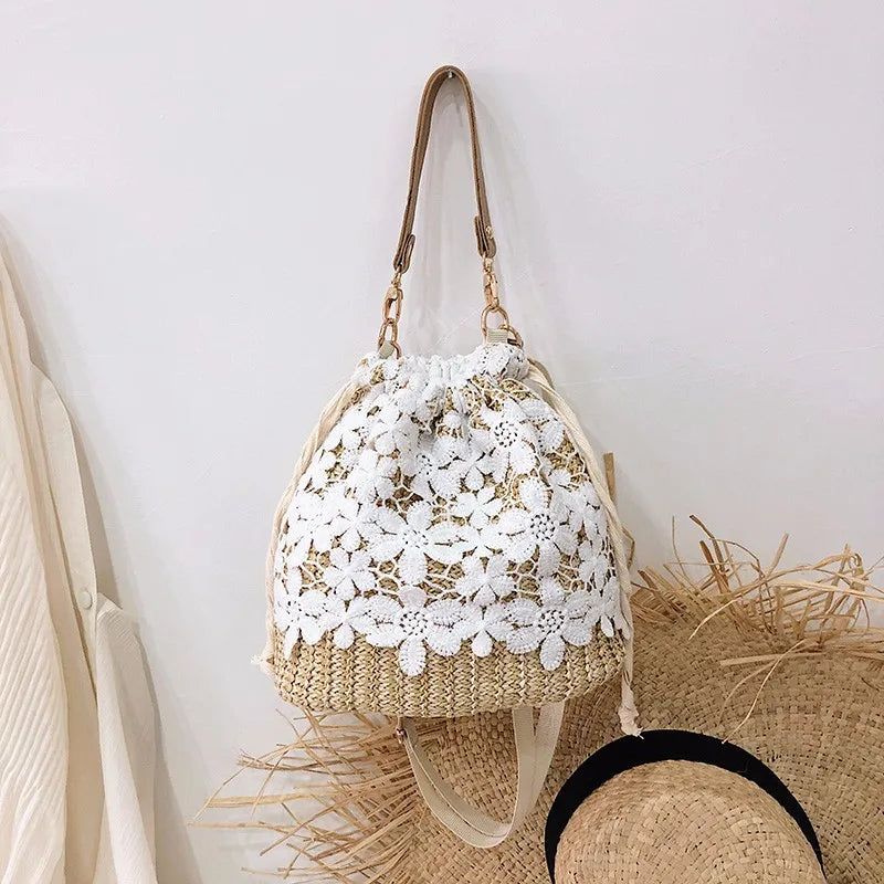 Women's Woven Straw Bucket Bag – Beach Crossbody Handbag
