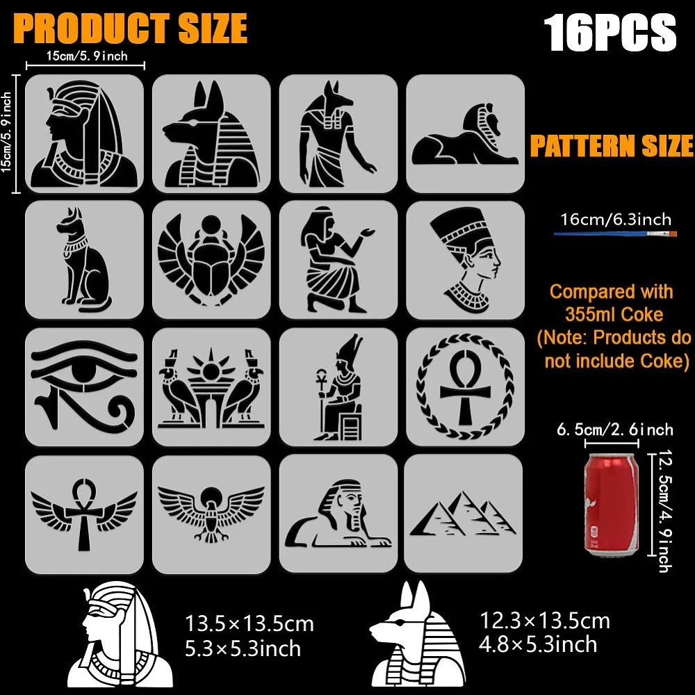 16-Piece Egyptian Stencil Set – Reusable 6x6" Painting Templates