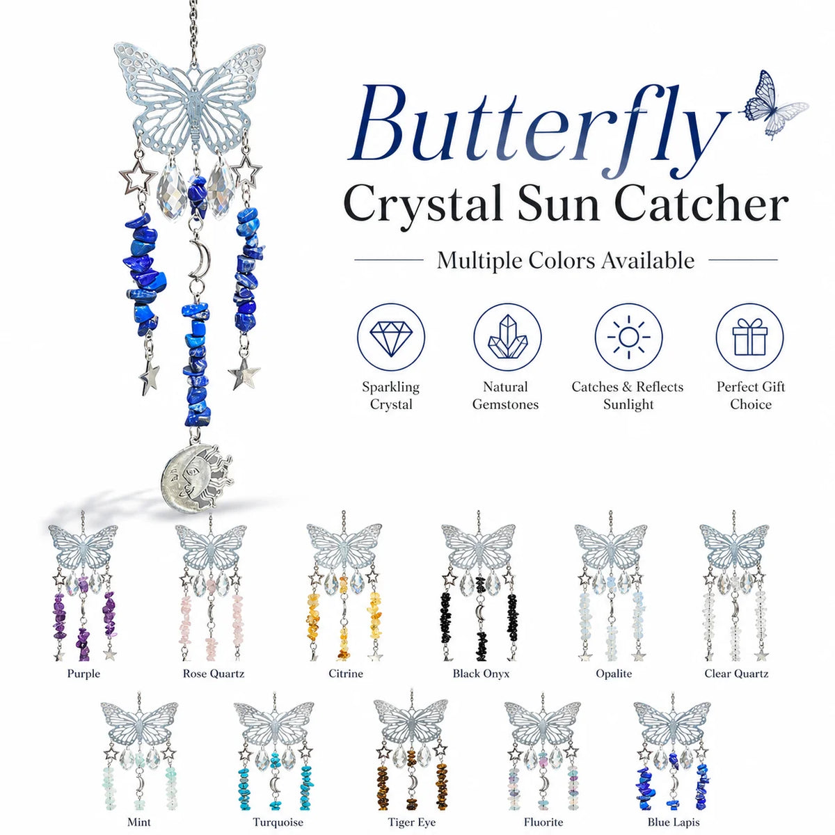 Butterfly Crystal Sun Catcher – Gemstone, Moon & Star Charms