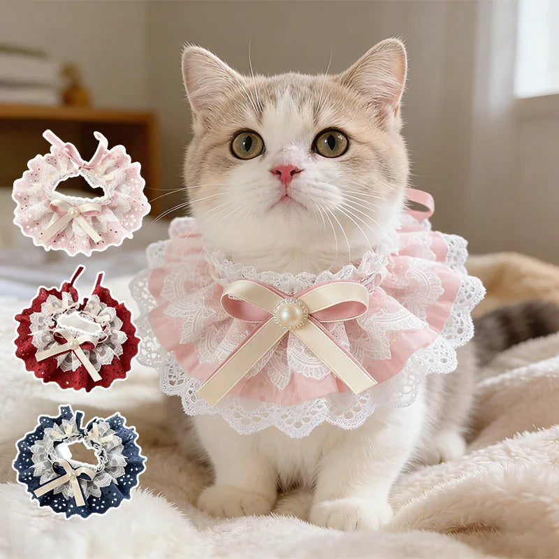Lolita Style Pet Bib – Lace & Pearl Collar for Cats & Dogs