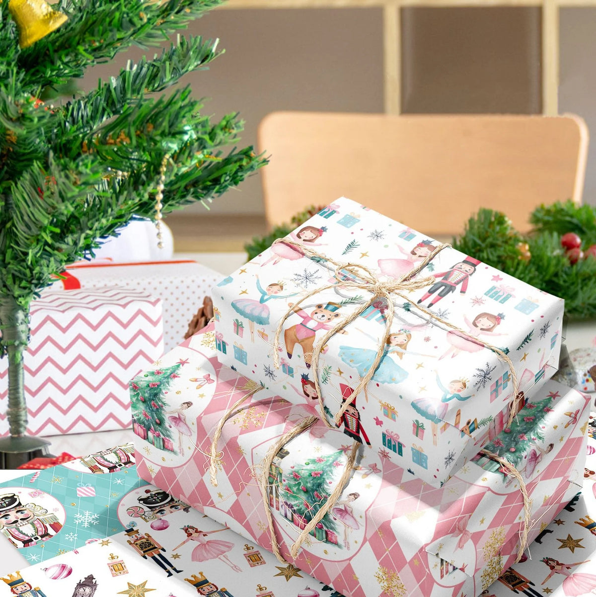 12-Sheet Pink Christmas Wrapping Paper Set | 6 Festive Designs