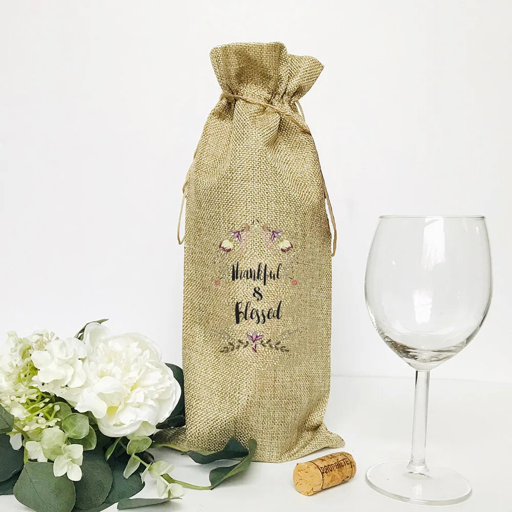 Thankful Grateful Blessed Burlap Wine Bottle Gift Bags