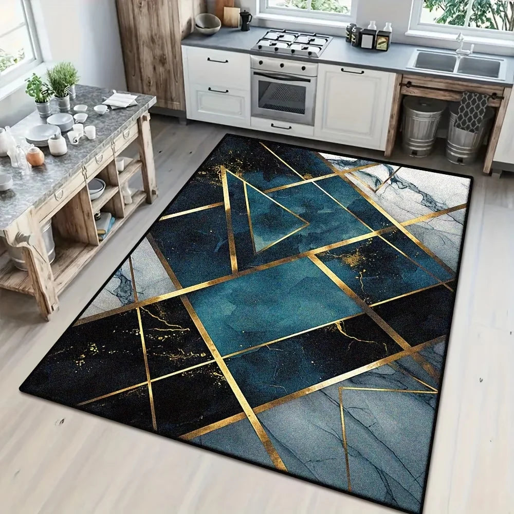 Modern Teal & Gold Geometric Area Rug – Non-Slip Washable